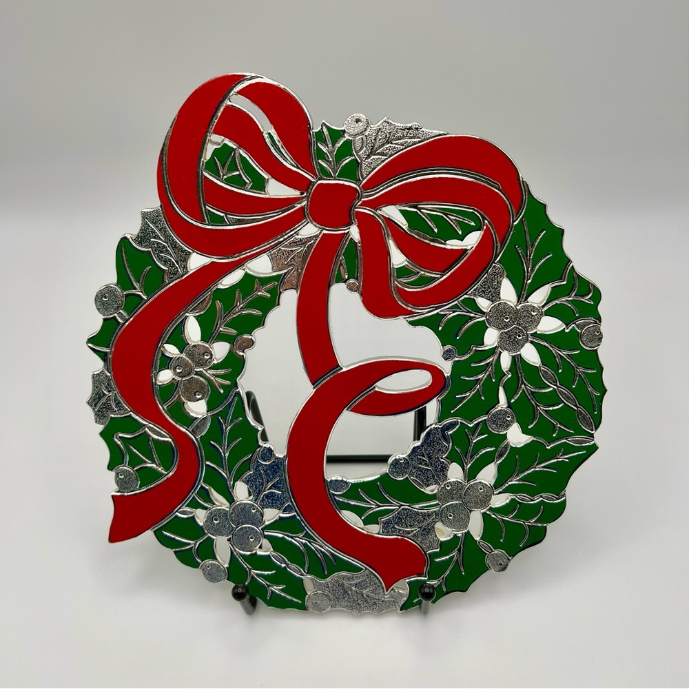 Vintage 80s Wm. A. Rogers Holiday Trivet 8", Silver-Tone Metal Red Green Enamel